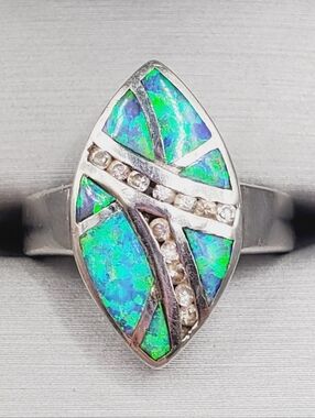 Sterling Silver Green-Blue Opal Inlay Marquise Ring with Accent Stones